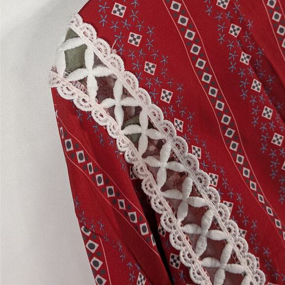 Boho Red Peasant Blouse XXL Tribal Print White Lace V-Neck Long Sleeve Top - Picture 9 of 12